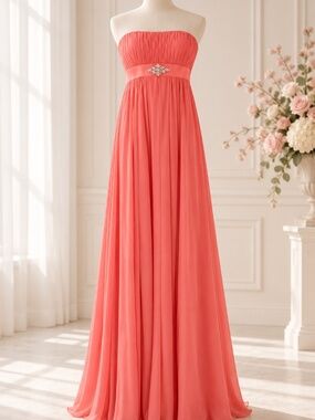 Coral Strapless Maxi Dress with Rhinestone Waist Detail